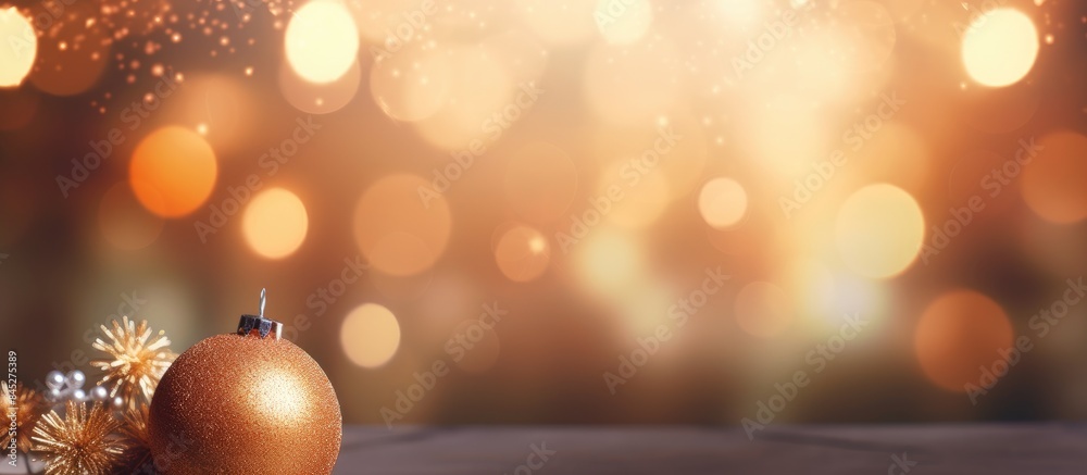 Poster background with bokeh lights featuring a christmas tree adorned with ornaments and a ball conveying 