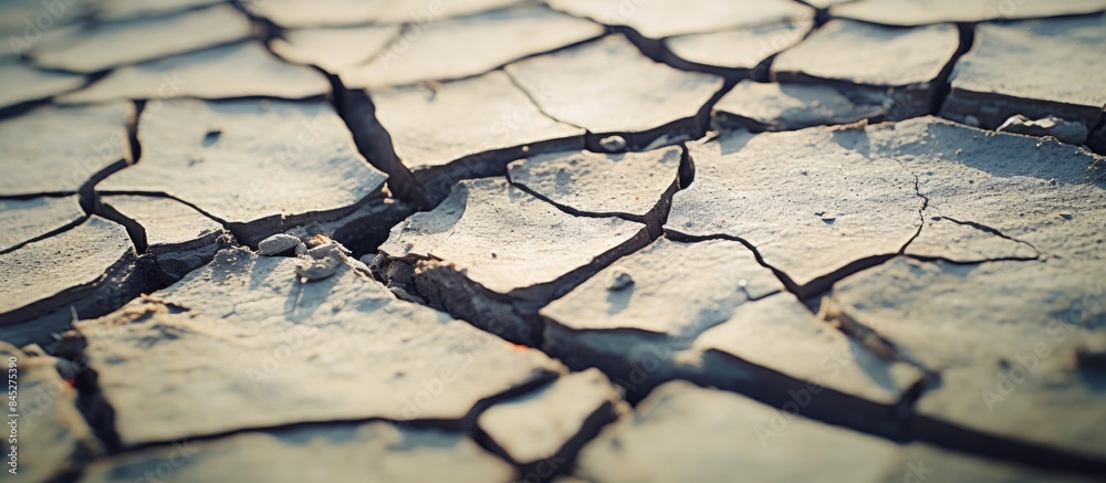 Poster A detailed close up of a crack on the ground with a macro lens capturing all its intricate details The image provides ample empty space for potential copy or captions