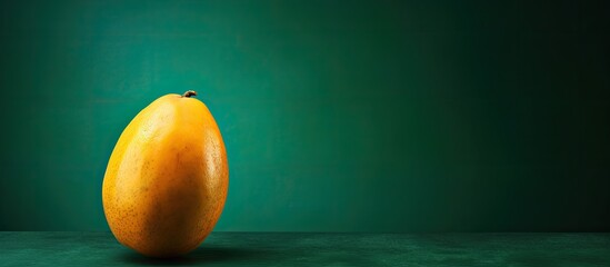 A vibrant and delicious ripe mango is set against a solid dark green turquoise background conveying the concept of a healthy lifestyle and vegan vitamins The high resolution image can be used as a po