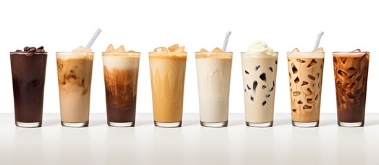 The menu offers a variety of coffee options including the choice between a regular coffee or a dirty coffee with iced milk These beverages can be enjoyed on a white table with a tree pot with the opt