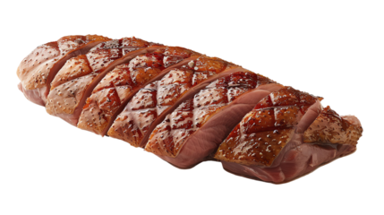 Delicious roasted duck breast with golden-brown crispy skin, isolated on transparent background cutout. Perfect for gourmet cooking and elegant dining presentations.