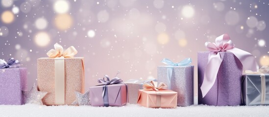 A festive display of holiday presents adorned with delicate pastel wrapping paper shimmering silver ribbons and a neatly tied bow The backdrop features twinkling stars confetti glowing light bulbs bo