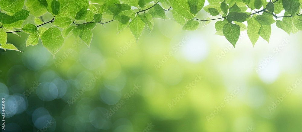 Poster A vibrant bokeh filled green foliage creates a refreshing summer background with a border of green leaves offering a visually appealing copy space image