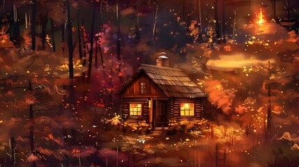Obraz premium Cozy Autumn Cabin Nestled in Rich Forest Landscape with Warm Firelight and Traditional Brushstrokes