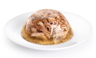 Aspic jellied meat in a plate on a white background. Jellied pork.