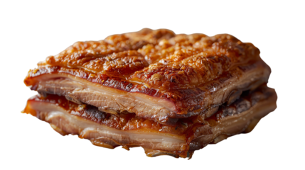 Perfectly cooked roasted pork belly with crispy skin, isolated on transparent background cutout.