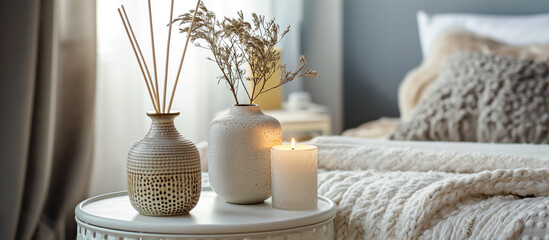 Fototapeta premium luxurious bedroom setting, an aromatic scented candle and reed diffuser to create a relaxing ambiance
