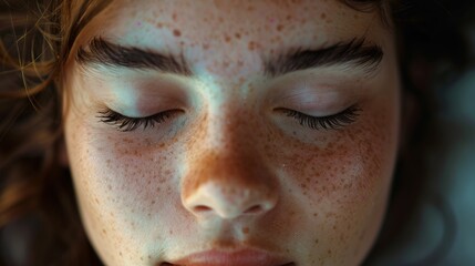 A close-up of a person's face, eyes closed in meditation, with a serene expression and a soft, relaxed posture, conveying a deep sense of inner calm and mindfulness.