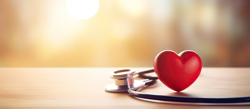 The image shows a contemporary stethoscope alongside an image of a heart both displayed against a brightly lit backdrop with ample empty space