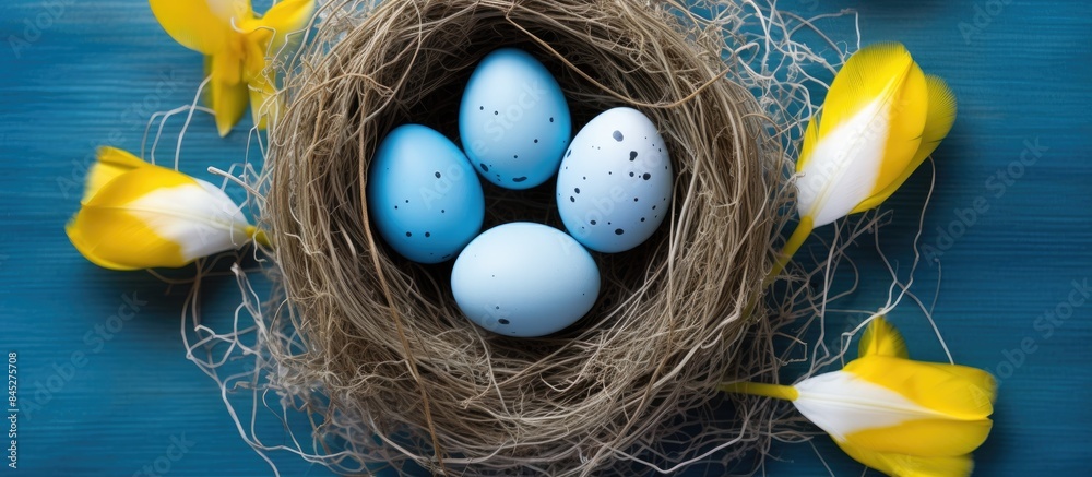 Aufkleber Top view of a nest with blue and white eggs surrounded by yellow tulips creating a beautiful Easter background There is ample copy space in the image