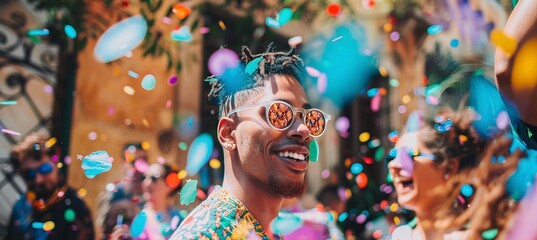 Group of Friends Celebrating Outdoors, Laughing and Enjoying a Festive Party with Colorful Confetti in the Air, Embracing Joy and Happiness on a Sunny Day. Friendship Day, Relaxation, Stress Relief.
