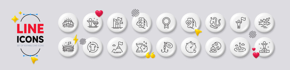 Fishing lure, Worms and Hourglass timer line icons. White buttons 3d icons. Pack of Yoga, Winner, Timer icon. Arena stadium, Fitness, Winner cup pictogram. Fishing float, Leadership, Flags. Vector