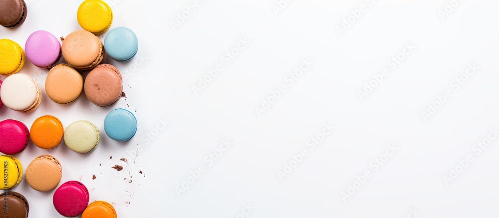 Poster top view of colorful almond cookies resembling biscuits macaron or macaroon placed on a white backgr