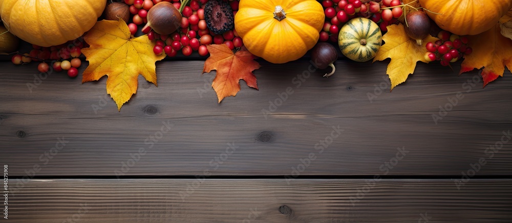 Aufkleber autumn maple leaves pumpkin apple corn and red berries beautifully arranged on a rustic wooden backg