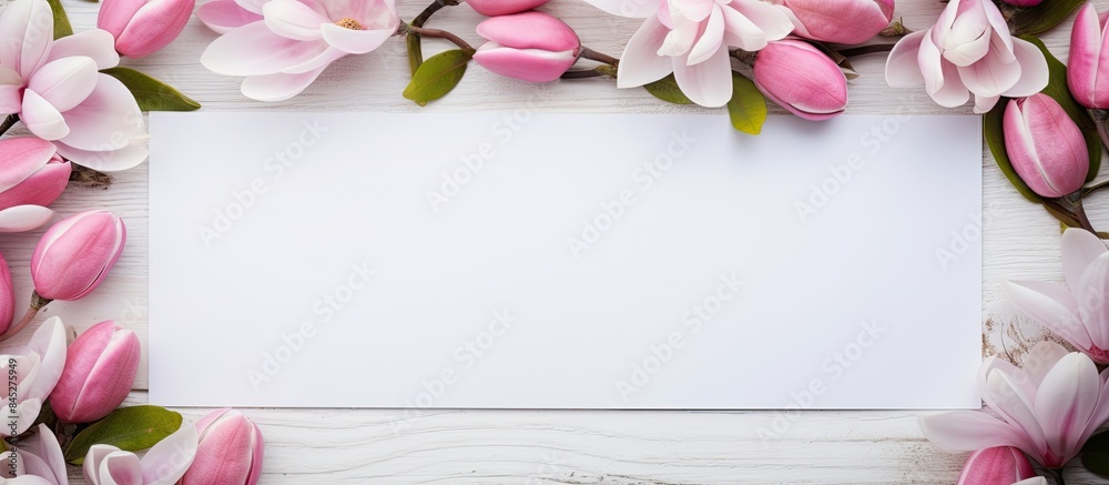 Aufkleber a top down view of a white greeting card with pink magnolia flowers placed on a white wooden table t