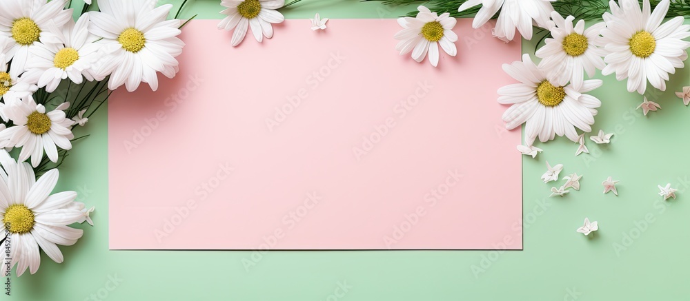 Aufkleber a stylish mock up with a top view of a greeting or invitation card surrounded by daisy flowers and a