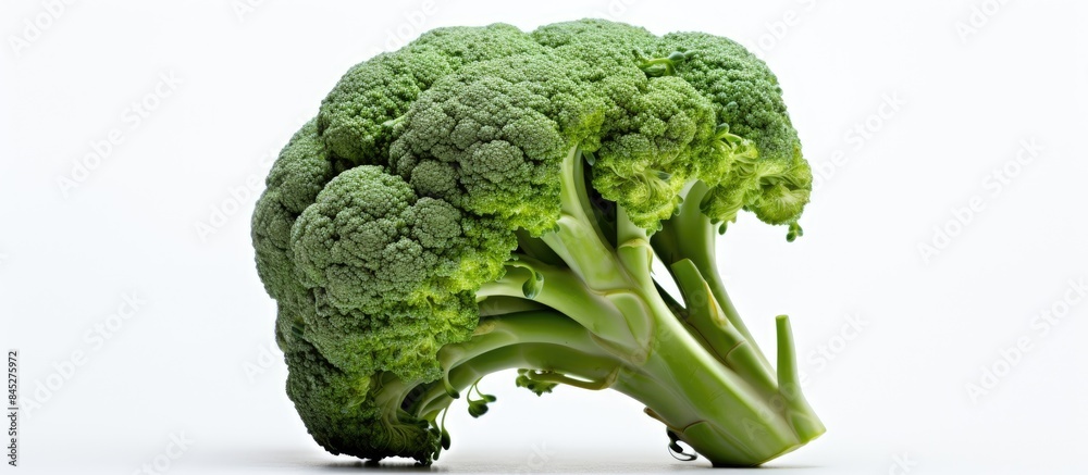 Poster a close up copy space image focuses on a single ripe and juicy organic broccoli head the green curd 