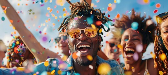 Group of Friends Celebrating Outdoors, Laughing and Enjoying a Festive Party with Colorful Confetti in the Air, Embracing Joy and Happiness on a Sunny Day. Friendship Day, Relaxation, Stress Relief.