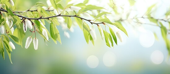 Fototapeta premium Close up macro image of branches from a White Willow tree Salix alba against a vegetable background The Salicaceae family is depicted in this copy space image