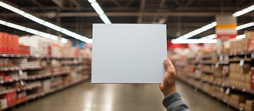A hand grasping a blank oversized cardboard folder is seen in a spacious supermarket providing ample room for your custom logo artwork or text