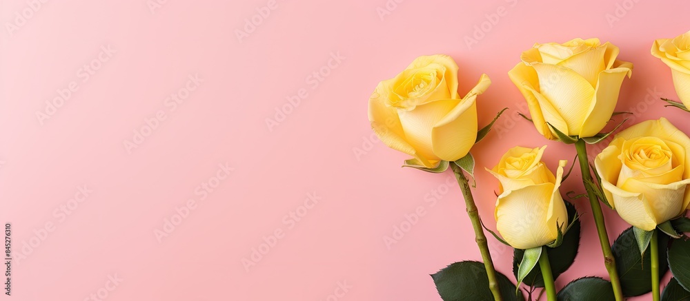 Poster top view of a copy space image featuring delicate pink background adorned with five yellow roses per