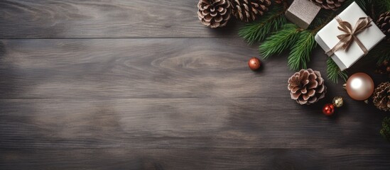 A modern Christmas flat lay featuring ornaments a Christmas hat and a top down view with copy space for text It s a stylish winter mockup for greeting cards and holiday themed images