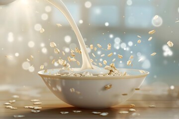 Close-up view of milk splashing into oatmeal, highlighting a nutritious breakfast.