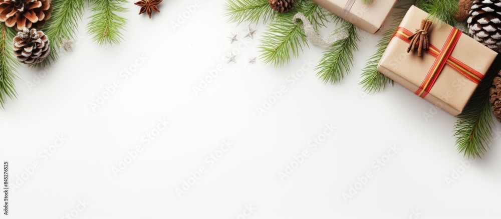 Leinwandbilder An eco friendly Christmas background featuring craft boxes and pouches with a fir branch on a white backdrop The image is from a top view and includes copy space