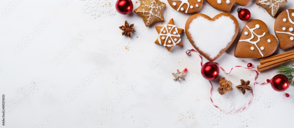 Poster closeup of delicious heart shaped gingerbread cookies and christmas decorations beautifully arranged