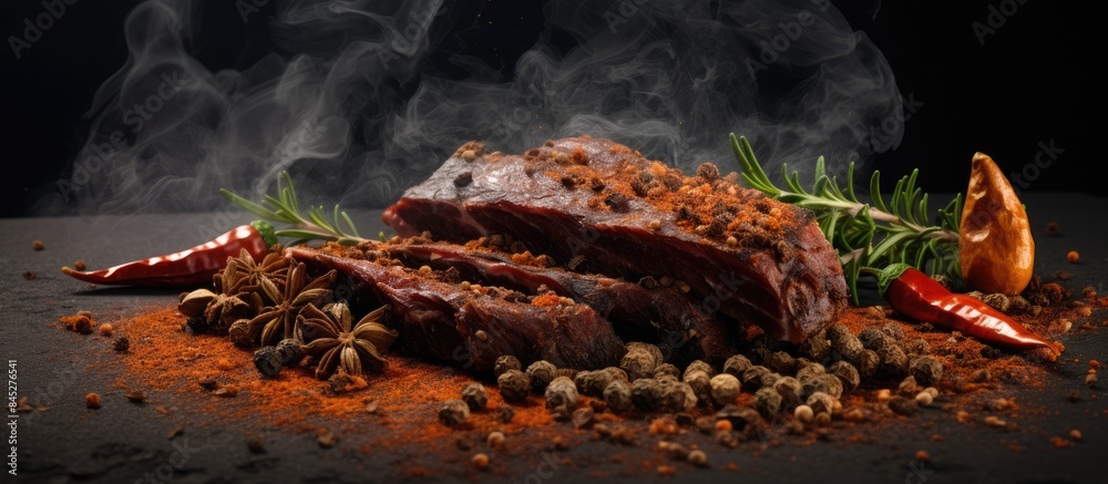 Poster a savory blend of seasoned jerky and succulent pork complemented by aromatic spices showcased on a b