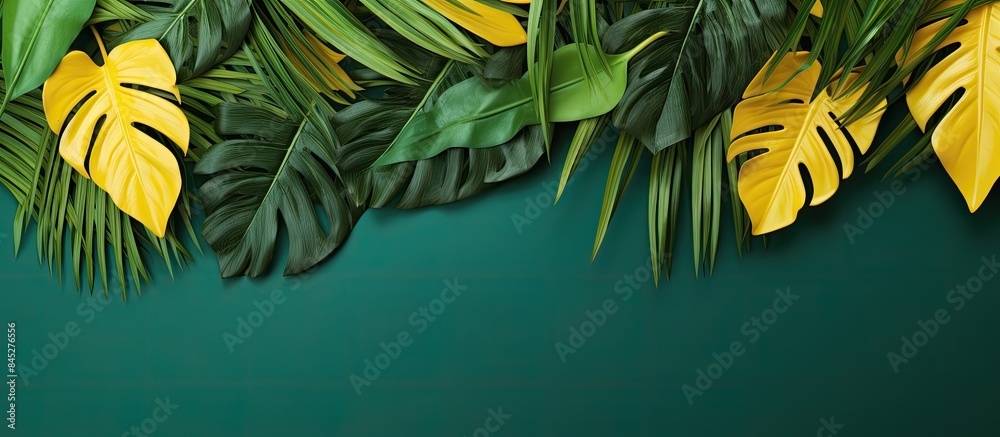 Aufkleber minimal summer concept with a creative layout of green tropical leaves on a colored background this 