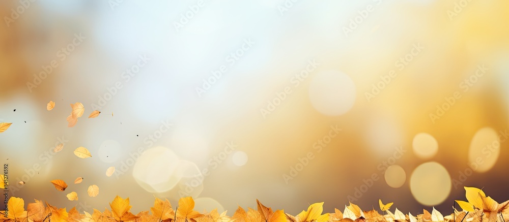 Poster A captivating autumn background with a blurred bokeh effect showcases a scenic landscape filled with vibrant trees falling leaves and the vast sky The image features a stunning array of yellow autumn