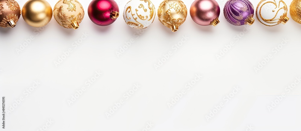 Aufkleber There is a banner with unicorn shaped Easter eggs on a white backdrop adorned with a gold pattern The image is taken from a top down perspective providing copy space for text