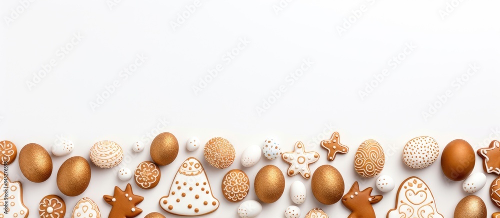 Poster The image showcases gingerbread cookies shaped like eggs and an Easter bunny on a white background It is a festive holiday background with a top view providing ample space for text The decorations re