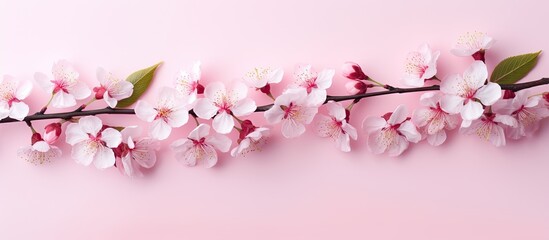Fototapeta premium A minimalist style banner featuring a millennial pink background provides a visually appealing backdrop for cherry tree flowers from a top down perspective The design allows for copy space making it