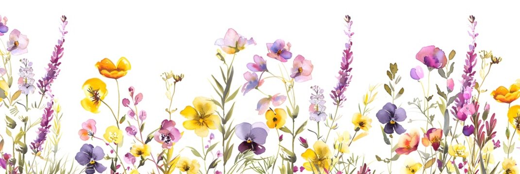 Floral summer horizontal pattern with wildflowers. Watercolor hand drawn isolated illustration border, meadow or floral background for your design. 