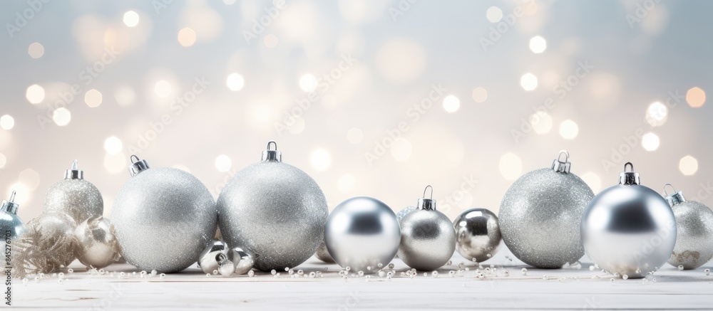 Aufkleber a festive scene with silver christmas decorations including balls and garlands rests upon a shimmeri