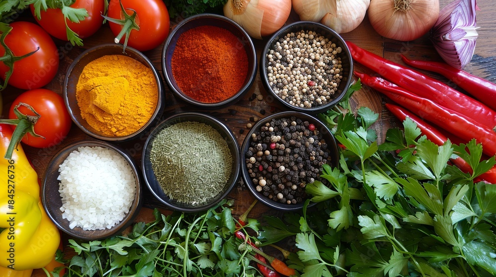Poster a close-up image of fresh vegetables and spices laid out on a wooden table in a kitchen. generative 