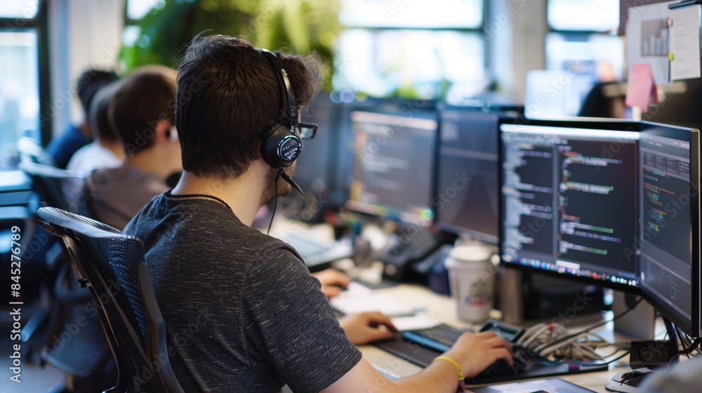 Wall mural A team of developers coding on multiple screens in a tech startup environment