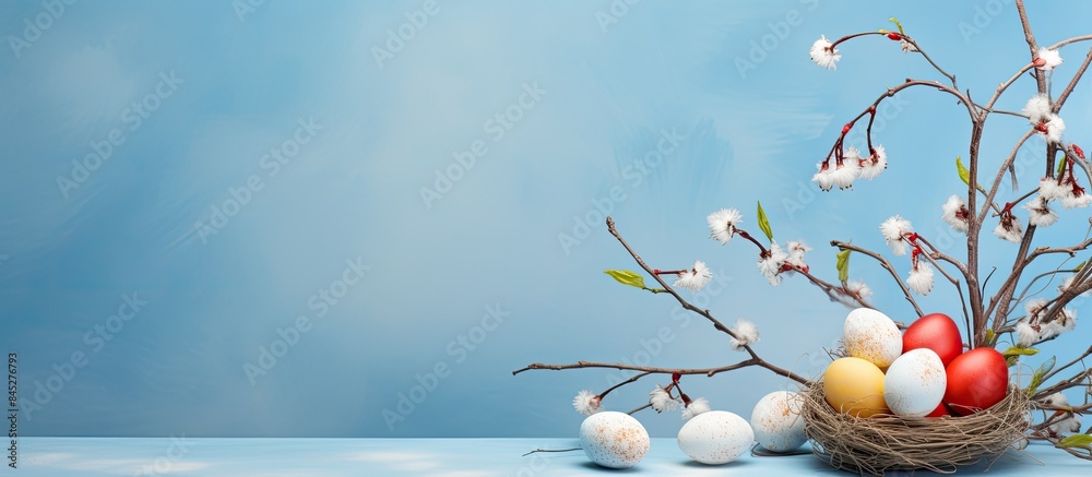 Leinwandbilder an easter themed scene featuring a blue background adorned with willow branches colorful eggs and a 