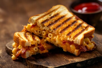 Savory grilled cheese loaded with macaroni and bacon, served on a rustic board