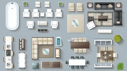 Plan floor apartments set. Studio, condominium, flat, house. One, two bedroom apartment. Interior design elements bedroom, bathroom with symbols furniture. Vector architecture 2D floor plan.