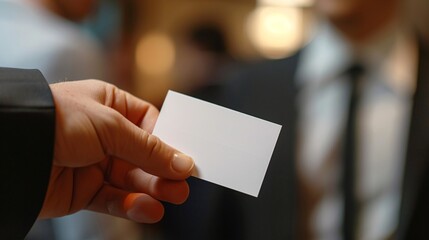 A close-up of a hand holding a business card during a networking event