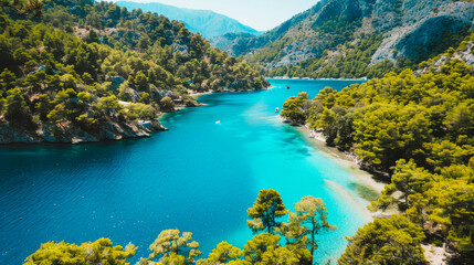 Fototapeta premium Aerial view of a mediterranean beach surrounded by trees and mountains in background