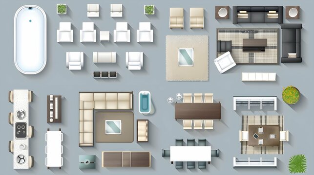 Plan floor apartments set. Studio, condominium, flat, house. One, two bedroom apartment. Interior design elements bedroom, bathroom with symbols furniture. Vector architecture 2D floor plan.