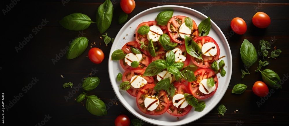 Poster A top view flat lay showcasing a Caprese salad made with ripe tomatoes fragrant garden basil and creamy mozzarella cheese Ample copy space is available for additional elements