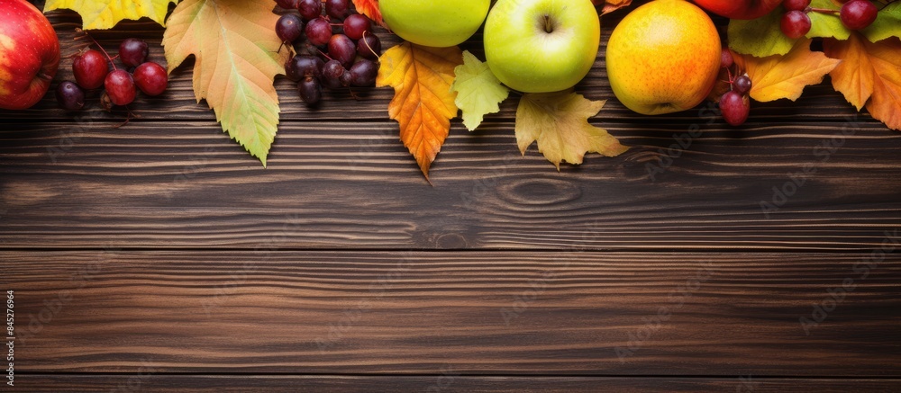 Canvas Prints Top view of a wooden background adorned with autumnal elements such as pumpkins apples pears and vibrant leaves creating a copy space image