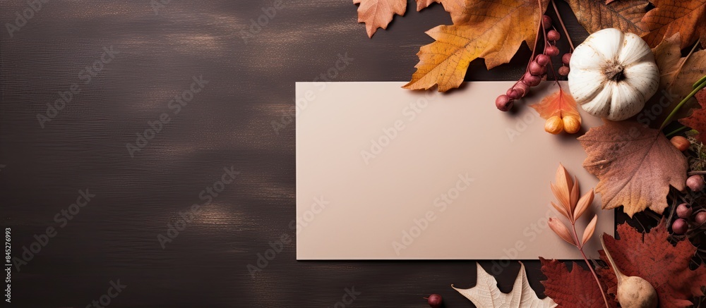 Aufkleber Square copy space image of an autumn themed flat lay composition with a paper card and dried leaves representing the concept of autumn fall and Thanksgiving Day