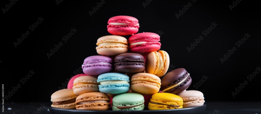 Aufkleber colorful macarons or macaroons stacked on a black background creating a fresh and vibrant image of c