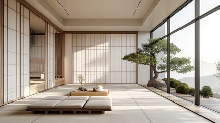 A minimalist interior with a Japanese tatami mat floor, shoji screens, and a bonsai tree, showcasing a balanced and harmonious living space.